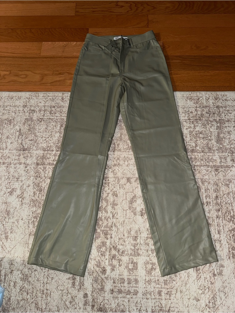 Zara Men's Olive Faux-Leather Straight-Leg Pants